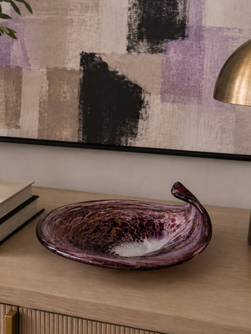 Murano-Style Art Glass Bowl Purple Lavender Gold Swirl Sculptural MCM Decor